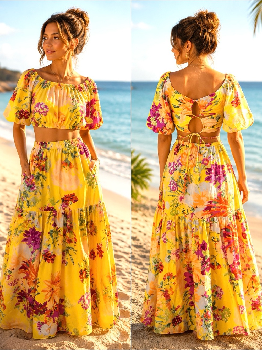 NWT Yellow Floral Tropical Resort Two-Piece Co-Ord Crop Top Maxi Skirt Set sizeM - Picture 4 of 15